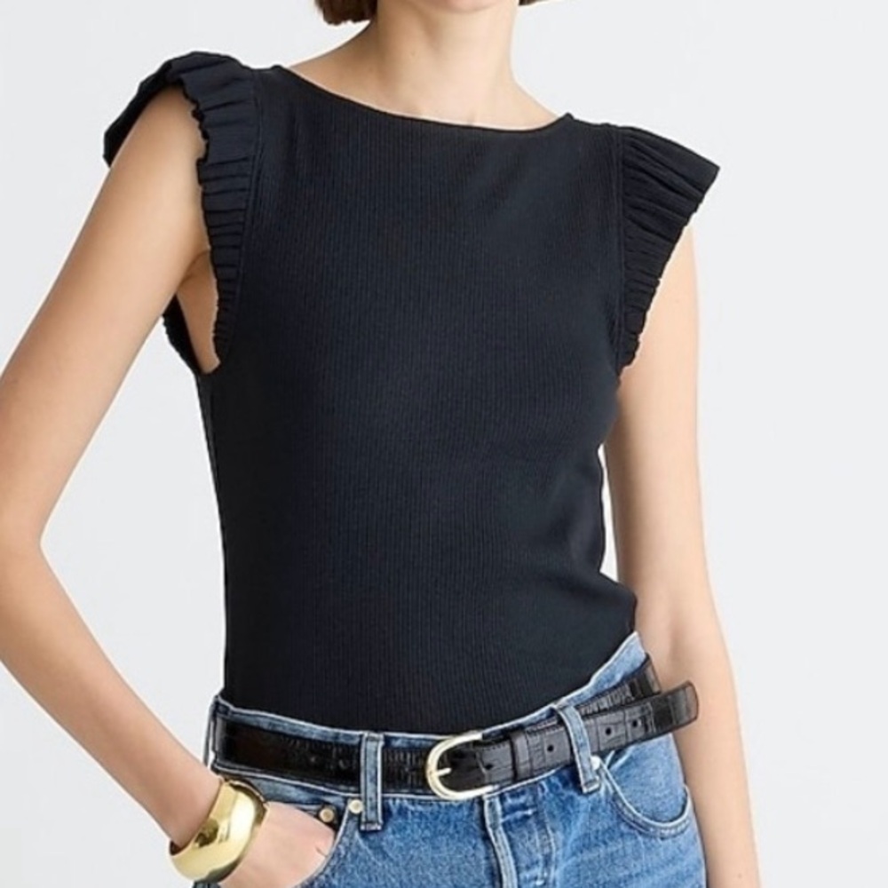 JCrew— Vintage rib ruffle boatneck tank top. Black.Size S. NWT.Originally $59.50